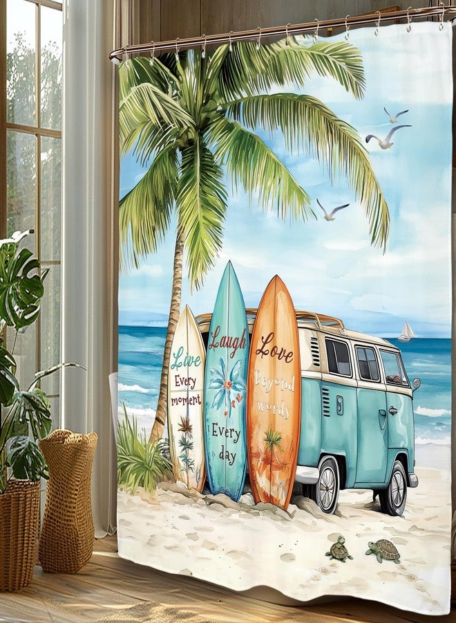 Miyotaa Coastal Beach Palm Surfboard Shower Curtain Set 60Wx71H Inches Ocean Summer Tropical Scenery Hawaii Camping Waterproof Bathroom Curtain with 12 Hooks - Image 5